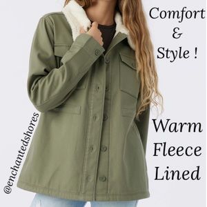 Sherpa Lined Utility Jacket Hang Ten Cargo Military Style Green Ivory Size Large